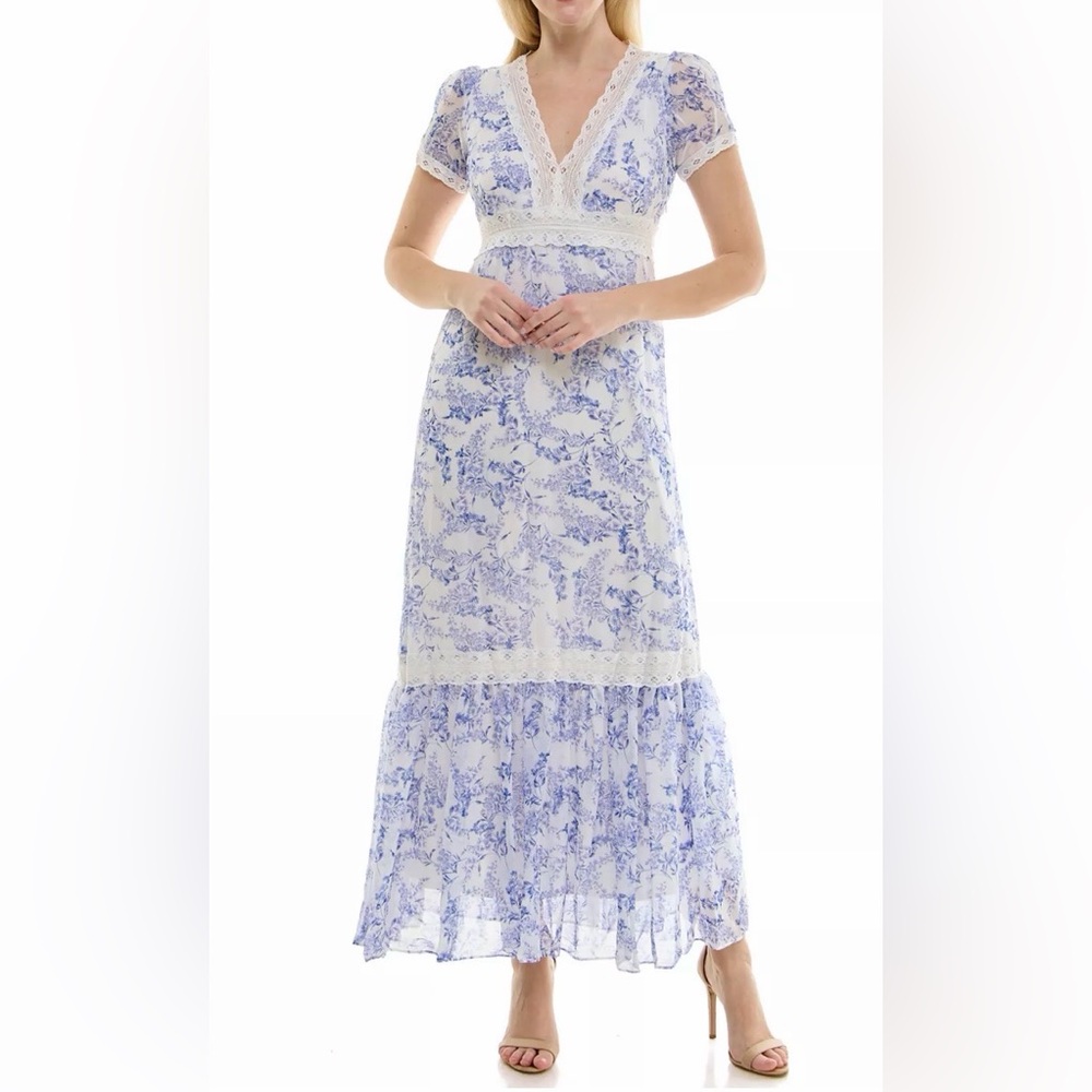 Taylor Women’s Blue & White Floral Tiered V‑Neck Fit & Flare Maxi Dress – Size 8